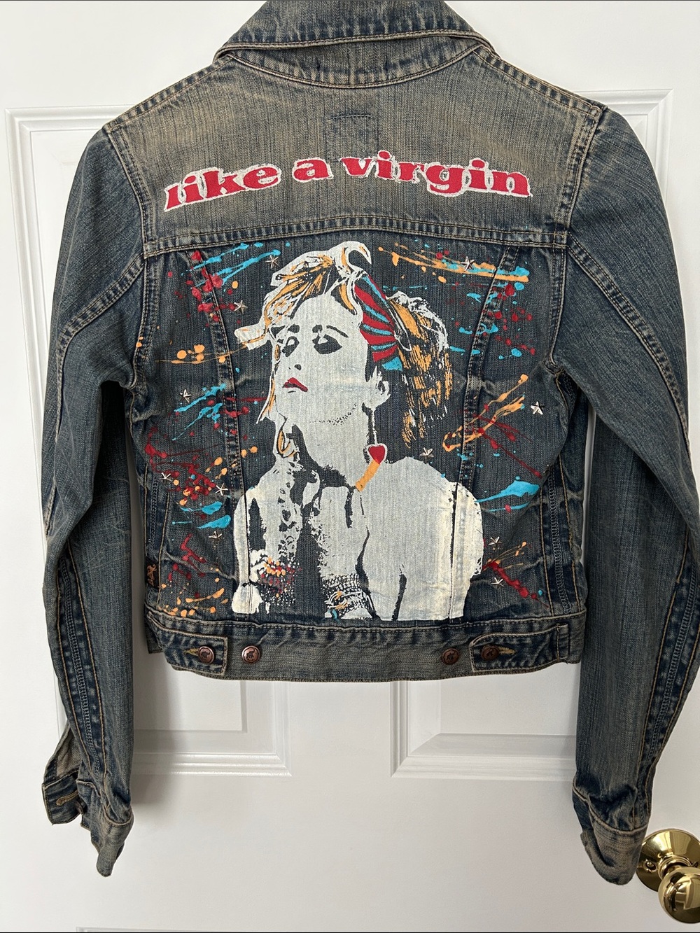 Madonna Trunk Women’s Graphic Denim Jacket with 'Like a Virgin' Back Art - Blue